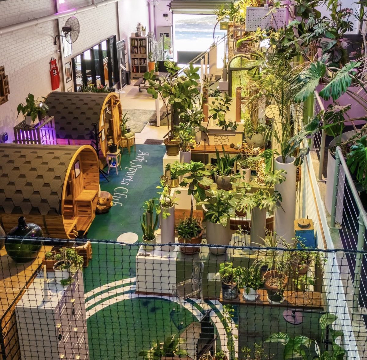 Saunas and leafy garden beside the green indoor court at Ark