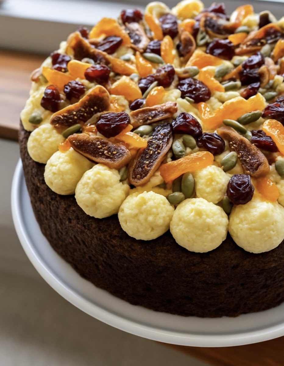 A house-made cake topped with figs, apricots and cream