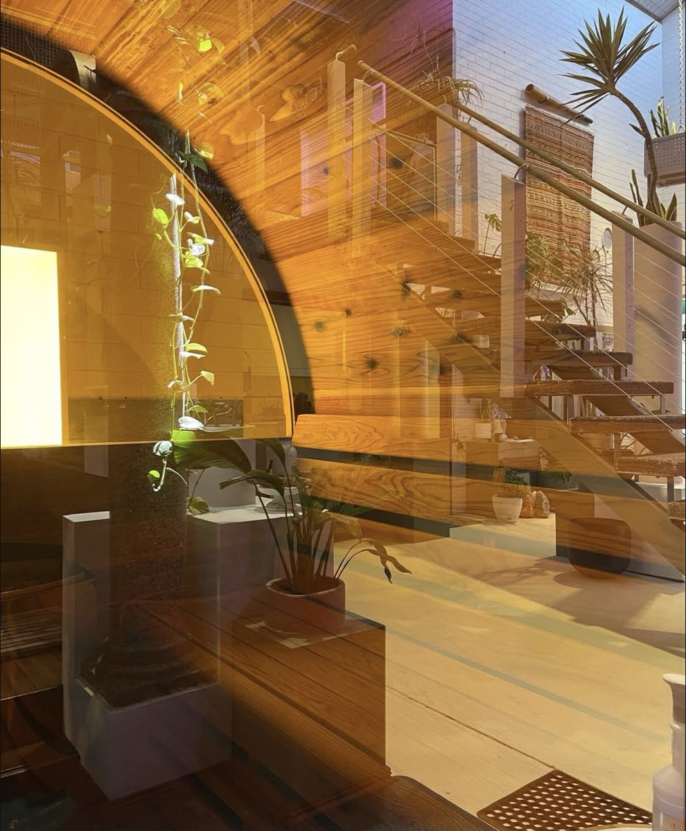 Warm timber interior of the sauna, lit from the side